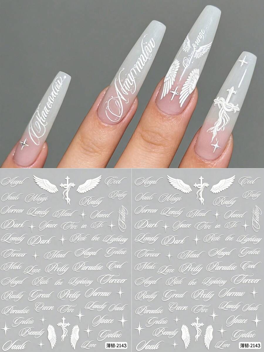 2pcs White English Letter Character Punk Rock Style Italic Calligraphy Wing Nail Stickers, Minimalist DIY Nail Art Decor For Women & Girls - White - View 1