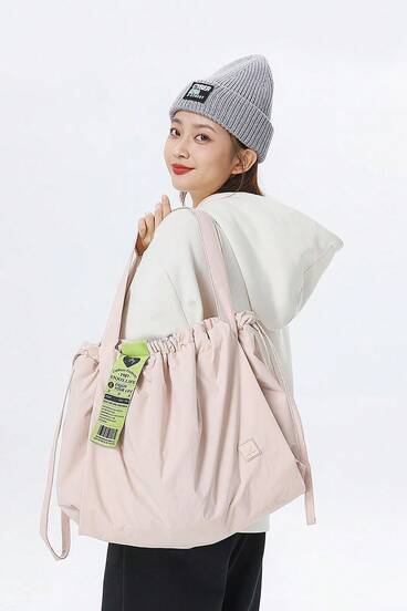  Xtep Drawstring Tote Bag - New Authentic Women's Shoulder Bag, Ladies' Fashion Casual Bag, Pink Adjustable Strap Nylon Tote