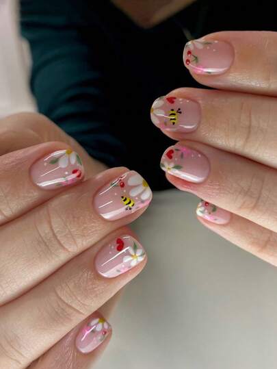 Upgrade Your Fashion Style! 24pcs Short Square Cute Cartoon Bee & White Flower Design Detachable Press-On Nails Set, Includes 1 Jelly Gel And 1 Nail File. Suitable For Women And Girls For Daily Wear, Parties, Vacations, Etc.