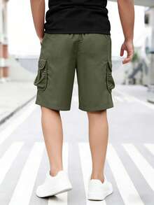 1pc Boys' Outdoor Sports Casual Fashionable Versatile Straight Leg Multi-Pocket Knee-Length Shorts - Army Green - View 2