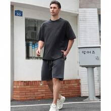 3pcs Men's Cotton T-Shirts Oversized Unisex Short Sleeves Casual Loose Wash Solid Basic Tee Tops - 米色+黑色+灰色 - 查看 2