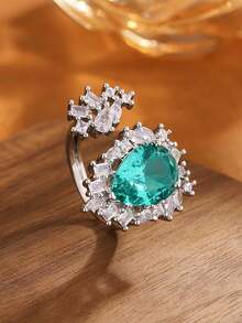 优雅不对称椭圆形粉蓝几何可调节开口戒指，女士珠宝礼物 - 藍色 - 查看 1