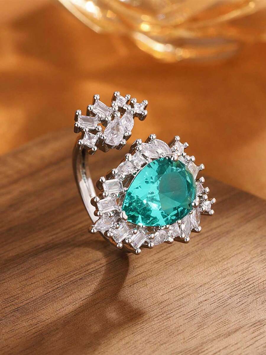 优雅不对称椭圆形粉蓝几何可调节开口戒指，女士珠宝礼物 - 藍色 - 查看 1