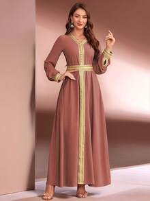 Gilt Belt Long Sleeve Ultra Long Women's Arabian Dress - Coral Orange - View 1