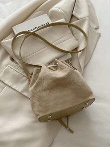 Women's Drawstring Mini Bucket Bag, Quilted Casual Outdoor Shoulder Bag - Khaki - View 2