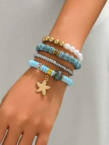4pcs Summer Beach Starfish Beaded Bracelet Set, Suitable For Women Holiday Beach Outing Accessories, Bohemian Style Multi-Layer Stacking Colorful Friendship Bracelets, Best Gift For Friends - Multicolor - View 6