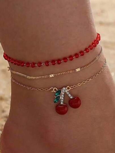 3件套樱桃吊坠脚链
