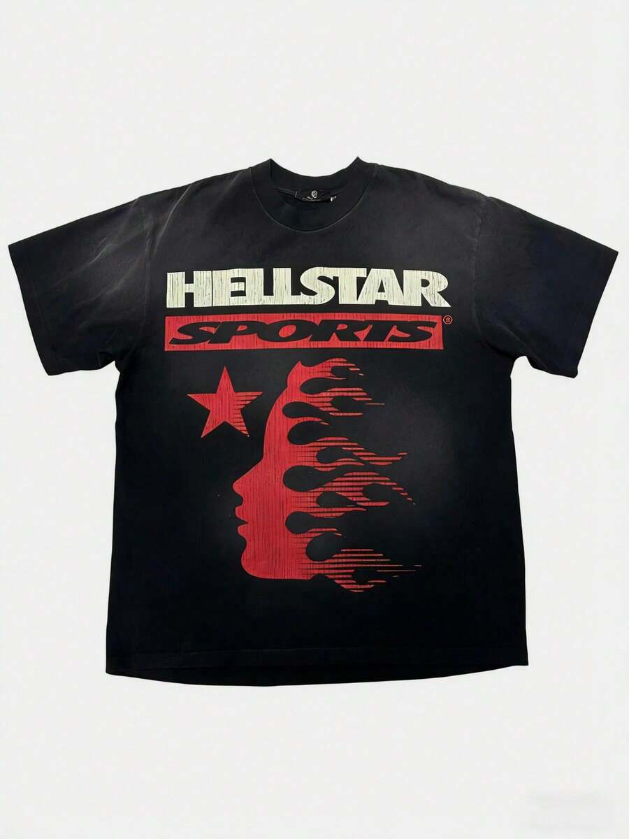Plus Size Hellstars Sports Red Silhouette Vintage Graphic T-Shirt,220g 100% Cotton,Round Neck Short Sleeve,Black Streetwear Essential For Summer Going Out,Unisex Style - Black - View 1