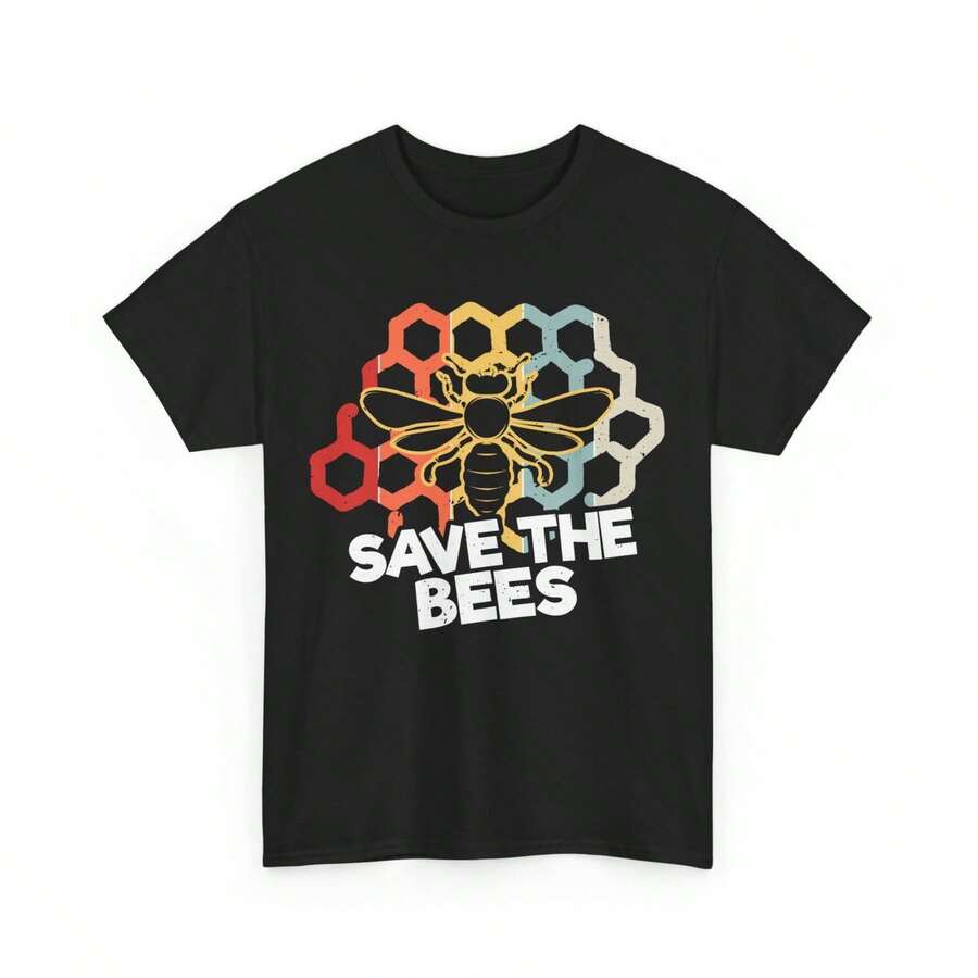 180GSM Pure Cotton Printed T Shirt With Save The Bees Honeycomb Design For Bees Lovers Beekeeper Beekeeping Soft Breathable Comfortable Durable Easy To Clean Stain Resistant With Fine Knitting Craft Perfect For Nature Awareness Events - Black - View 1