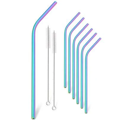 7Pcs Colorful Metal Straws Set Reusable Drinking Straws Rainbow Bent Straight 304 Stainless Steel Straw With 2Pcs Clean Brush