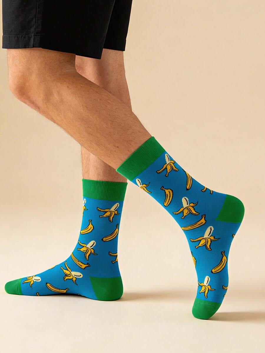 1/2/5双装 男士春夏新款创意舒适香蕉街中筒袜 - 藍色 - 查看 1