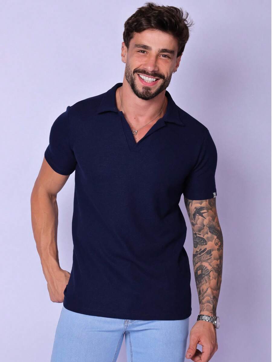 Italian Polo Shirt Made Of Knit Fabric With Elastane. - 藏蓝色 - 查看 1