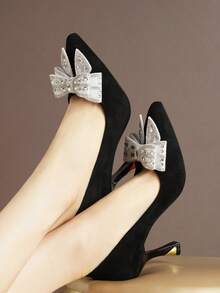 闪亮水晶蝴蝶结尖头细高跟鞋，派对及婚礼鞋 - 黑色 - 查看 4