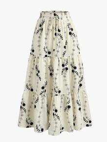 Chân váy dài họa tiết hoa nhí EARO dành cho nữ, kiểu dáng thanh lịch, cạp cao, dáng chữ A, xếp lớp, màu trắng mùa hè. - trắng - Xem 8