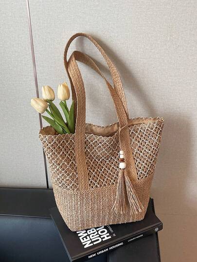 Bolso grande de capacidad hecho a mano, nuevo bolso de paja para mujeres, bolso de playa y hombro tipo tote, adecuado para compras, billetera, compras, mujeres jóvenes, estudiantes universitarios, recién casados, oficinistas. Adecuado para oficina, universidad, trabajo, negocios, transporte, actividades al aire libre, viajes y picnics