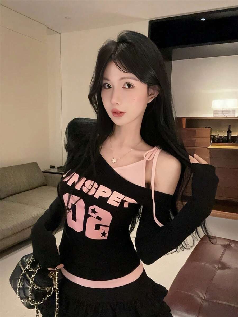 美式街頭風不對稱領撞色 2-in-1 長袖 T-shirt,甜辣女孩印花修身女款上衣,適合春夏秋季 - 黑色 - 查看 1