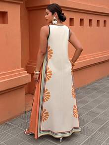 杏色无袖印花长裙 - 复古波西米亚风格，适合度假、休闲穿着，尺码齐全，女士春夏连衣裙，优雅大方 - 彩色 - 查看 6