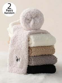 2/4 Pairs Women's Thick Slipper Socks, Fuzzy Bow Decor, Comfortable & Breathable, Random Colors, Warm & Cozy For Autumn/Winter - Multicolor - View 12