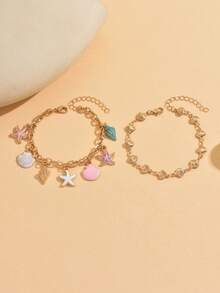 2pcs/Set Unique Drip Glaze Starfish Pendant Bracelet Set, Fashionable Minimalist Gold Shell Chain Layered Bracelet, Suitable For Daily Wear And Party Occasions - Multicolor - View 2