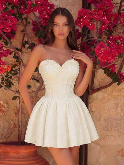 Elegant Sweet Jacquard Fabric Sweetheart Neckline With Lace Trim Boning High-Waist Backless Tie Short Pleated Party Dress For Prom Birthday Party Evening Date Homecoming Party Wedding Guest Cocktail Reception Family Festival