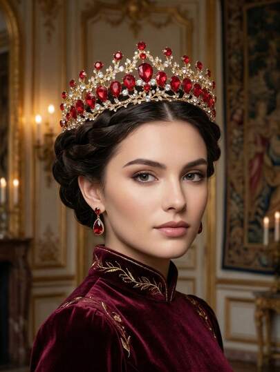 1件复古红色水钻皇冠，镀金水晶头饰，女士优雅新娘婚礼发饰，公主女王皇冠，适合舞会生日派对