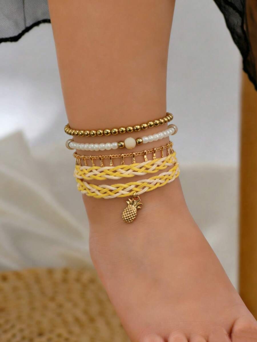 4入組兒童菠蘿掛墜編織珠子腳鏈套裝 - 彩色 - 查看 1