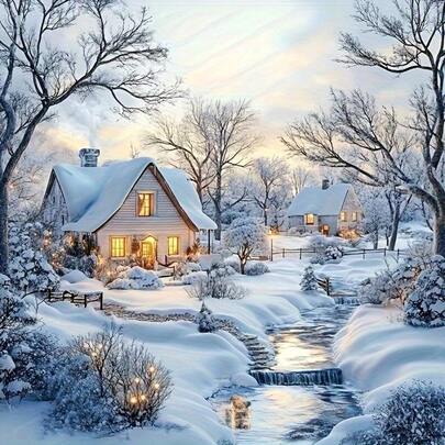 Winter Snowy Village Stream 5D Diamond Painting Kit For Adults, Full Round Diamond Painting DIY Craft, Suitable For Bedroom, Office, Living Room Home Decor, Wall Decor, Handmade Gift, Creative Gift, Frameless