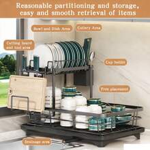 Kusuxva This Double-Layered, Large Metal And Carbon Steel Cutlery Rack Is Perfect For Kitchen Countertops. It's Space-Saving And Durable, Featuring Knife, Fork, And Cup Holders, As Well As A Drainer. The Rust-Resistant Design Makes Your Kitchen More Organized And Uncluttered. - 查看 3