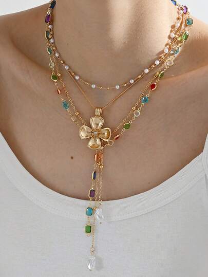 Bộ 4 dây chuyền chữ Y bằng hợp kim đồng, thời trang, thanh lịch, sang trọng, đính ngọc trai giả hình trái tim, mặt trời, hoa hồng, sao biển và đá pha lê nhiều màu sắc, phù hợp cho phụ nữ đi biển, dự tiệc, thường ngày, các dịp trang trọng, mùa hè. Sự kết hợp đa năng mới.