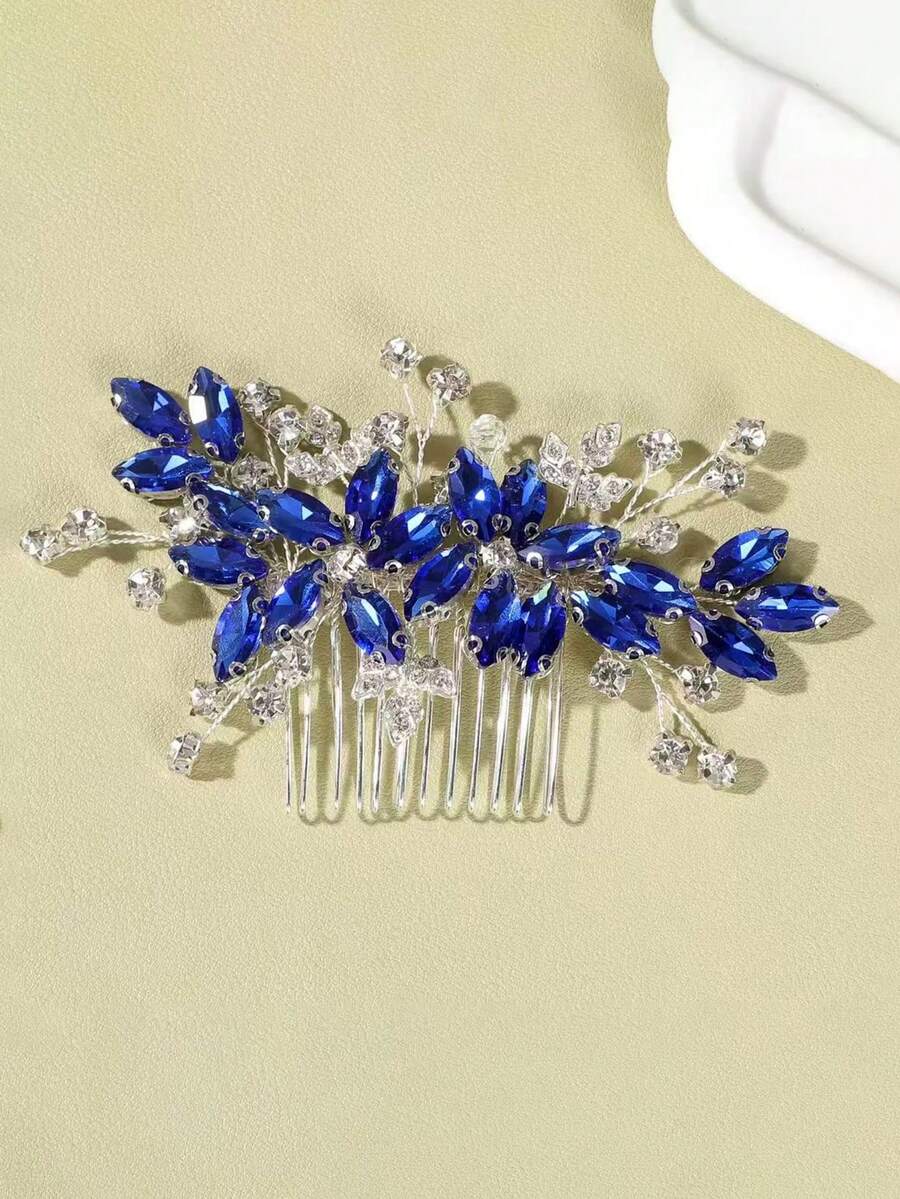 1pc Crystal & Rhinestone Decor Bridal Bridesmaid Hair Comb, Luxurious Hair Accessory For Wedding, Banquet, Party - Royal Blue - View 1