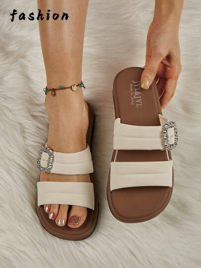 รองเท้าแตะแฟชั่นผู้หญิงคอลเลกชันฤดูใบไม้ผลิ/ฤดูร้อนใหม่ สไตล์ลำลอง สายคู่ ประดับพลอยเทียม ดีไซน์แบบสวม ระบายอากาศได้ดี กันลื่น เหมาะสำหรับชายหาด/บ้าน/ออฟฟิศ/เดินเล่น สีน้ำตาลและสีตัดกัน