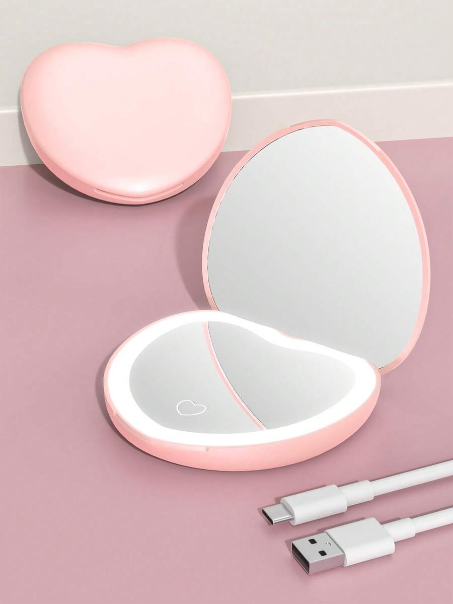Rechargeable Heart-Shaped Portable Makeup Mirror, 2X Magnification LED Makeup Mirror With 3-Color Adjustable Lighting, Compact Beauty Mirror With Light - 粉色 - 查看 1