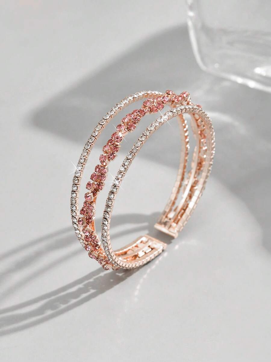 1 pieza Brazalete de cadena con garra totalmente enjoyado con diamante de imitación, elegante y lujoso para mujer, adecuado para uso diario y fiestas - Rosa - Ver 1