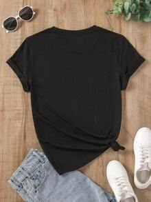 Camiseta informal negra de mujer con mangas cortas y cuello redondo con estampado floral de efecto simulado. - Negro - Ver 2