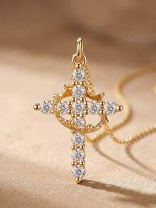 1 pièce Collier vintage en argent sterling 925 avec couronne et croix pour femmes, cadeau d'anniversaire élégant, bijou de luxe minimaliste - Doré - Voir 6