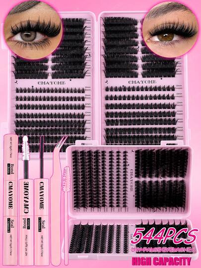544/608PCS-Women's Gift Cosmetics - High-Quality, High-Capacity Eyelash Curler Set, With 10-16mm Individual D-Curve False Eyelashes, Three Size Options, Suitable For Beginners And Beauty Salons, Includes Eyelash Glue, Tweezers, And Eyelash Brush Tools.Lashes With Spikes.Manga Lashes