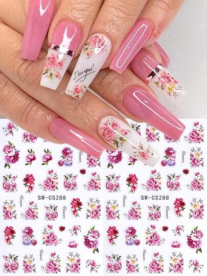 2pcs Rose Flower Nail Stickers For Nails Art Flower Vine Elegant Designs French Manicure Nail Art Decoration 3D Spring Summer Self Adhesive Slider For Women Daily Wedding Nail Supplies