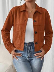 PRETTYGARDEN Women's Faux Suede Cropped Jacket Casual Fall Fashion Button Down Winter Coats Outerwear Clothes Christmas New Years Outfit Women - 橘紅色 - 查看 3