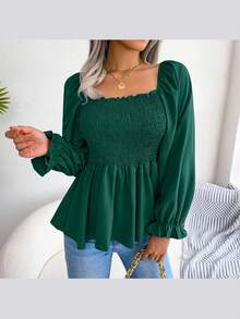 Long-Sleeved Chiffon Blouse With Ruffles And Square Neckline | Casual Style, New Spring/Summer Collection - 綠色 - 查看 3
