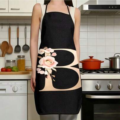 1pc Women's Fashion Floral Pattern C-Letter Design Kitchen Baking Cooking Apron, Elegant Minimalist Home Cleaning Protective Apron