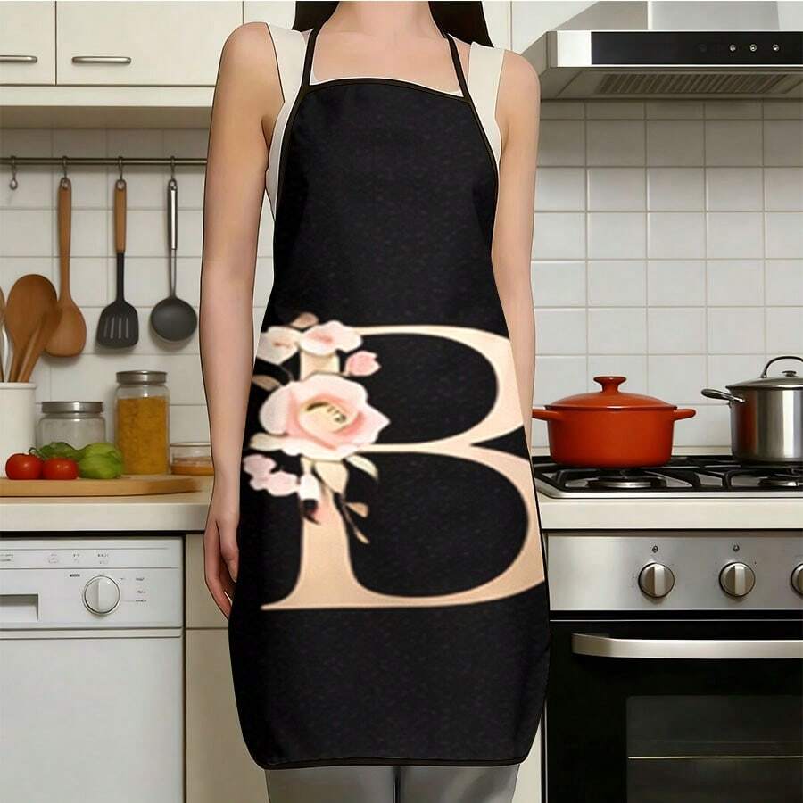 1pc Women's Fashion Floral Pattern C-Letter Design Kitchen Baking Cooking Apron, Elegant Minimalist Home Cleaning Protective Apron - C - View 1