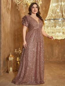 UNITHORSE 大码深V领公主袖褶皱亮片装饰长裙，晚宴礼服，婚礼宾客礼服，正式礼服，秋季女装 - 咖啡棕 - 查看 5