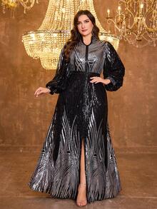 UNITHORSE [Random Cut] Plus Size V-Neck Lantern Sleeve Sequin Formal Evening Gown - Black - View 1
