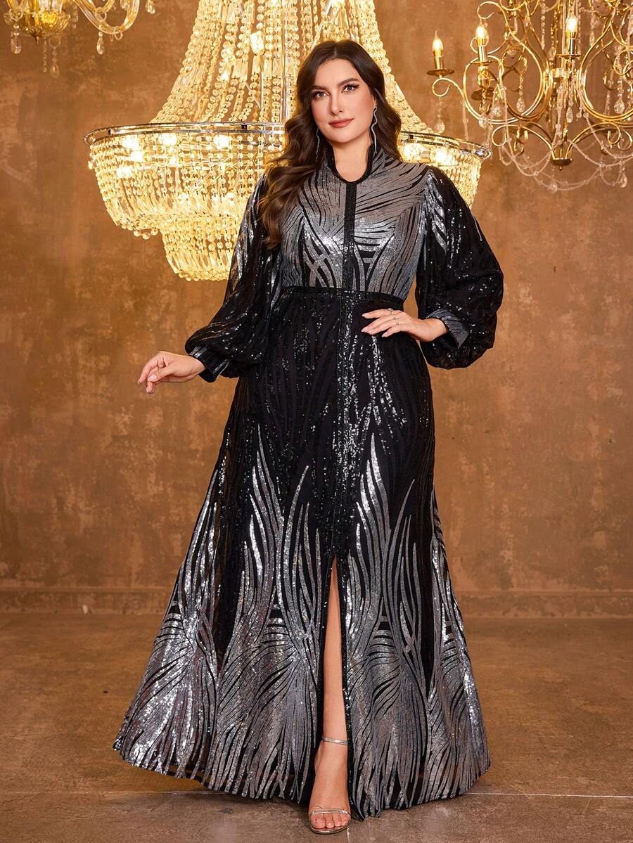 UNITHORSE [Random Cut] Plus Size V-Neck Lantern Sleeve Sequin Formal Evening Gown - Black - View 1