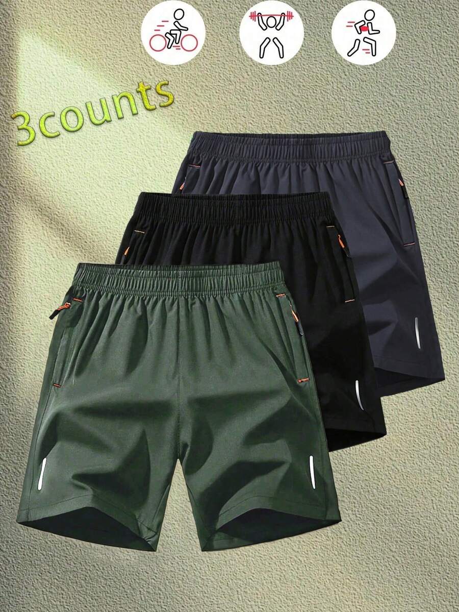 3pcs/Set Men's Summer Casual Sports Shorts, Soft And Comfortable Fabric, Drawstring Waist Design With Zipper Pockets, Suitable For Basketball