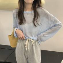 New For Summer! UV Protection, Long Sleeve, Thin, Girly, Simple, Oversized T-Shirt For Women. Sheer, Perfect For Underwear, Unique Design, Casual, Stylish Top. - ブルー - 查看 5