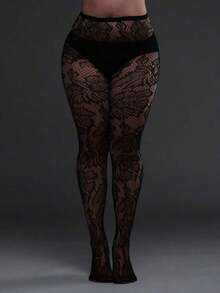 1pc Plus Size Women Fishnet Tights With Leaf Hollow Out Design, Sexy & Fashionable Tights, Suitable For Party, Home, Office And Daily Wear, Black - 白色 - 查看 1