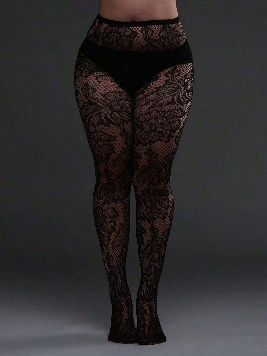 1pc Plus Size Women Fishnet Tights With Leaf Hollow Out Design, Sexy & Fashionable Tights, Suitable For Party, Home, Office And Daily Wear, Black - 白色 - 查看 1
