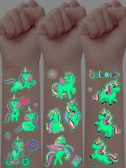 5张独角兽纹身贴纸，夜光系列临时纹身贴纸，黑暗中会发光，包含46个可爱的卡通独角兽图案，防水趣味艺术化妆假纹身贴纸，适合作为生日派对礼物