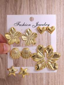 5 Pairs/Set Gold Heart, Five-Leaf Flower, Star Shaped Earrings, Suitable For Daily Commute, Versatile Style - Gold - View 1